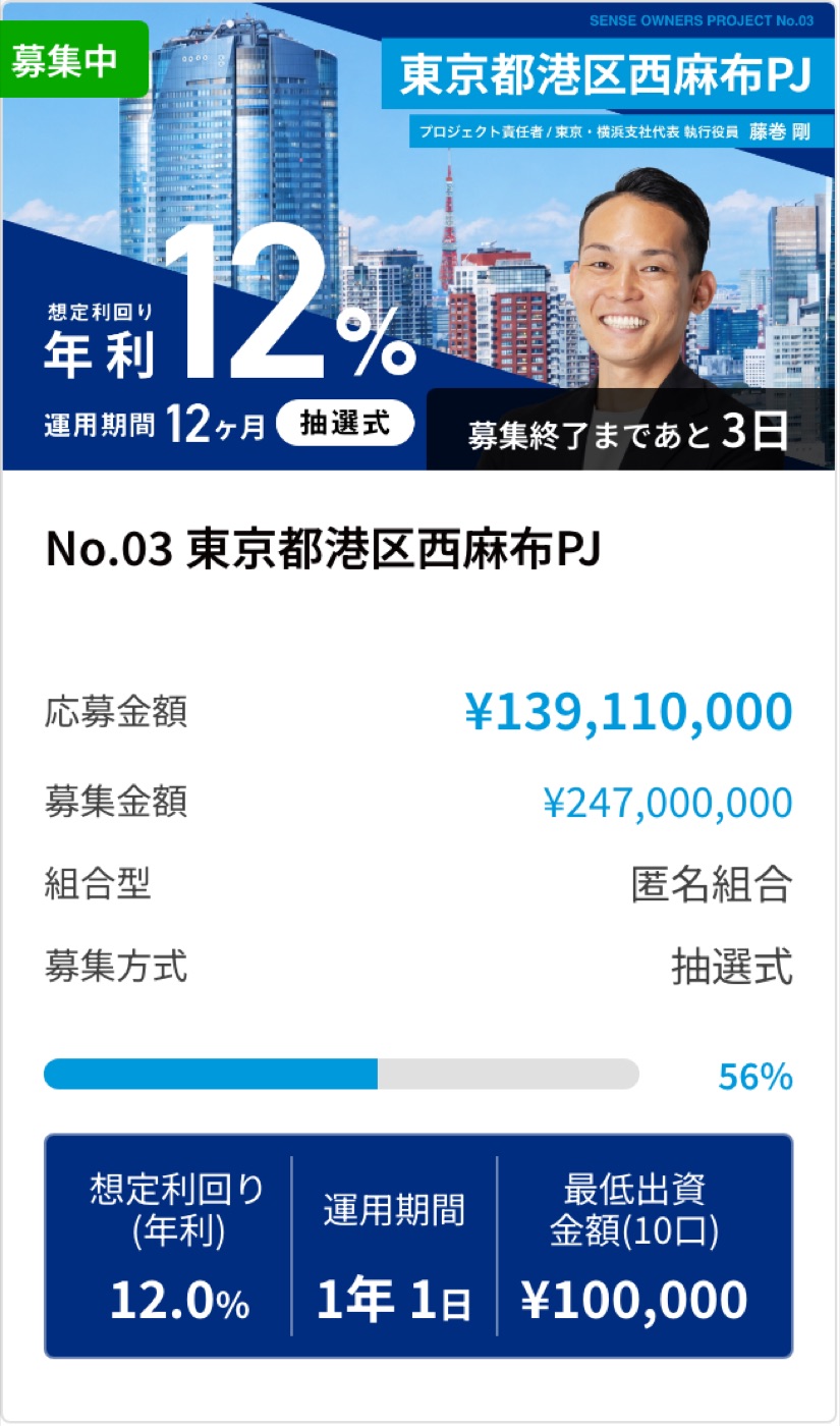 センスオーナーズ No.03 東京都港区西麻布PJ の募集カード（想定利回り年12.0％・運用期間1年1日・最低出資10万円）