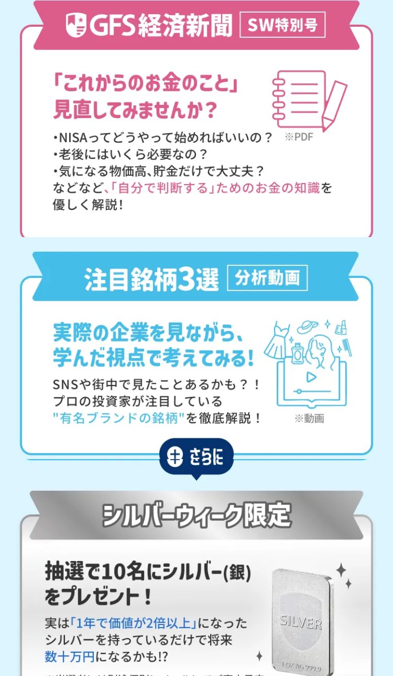 無料講座視聴完了&LINEクイズ参加でもらえる公式特典:GFS経済新聞SW特別号・注目銘柄3選の分析動画・抽選で10名にシルバーバー