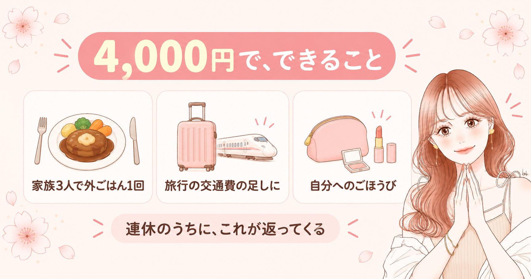 連休のうちにもらえた4,000円分で、家族でごはんに行けるイメージ