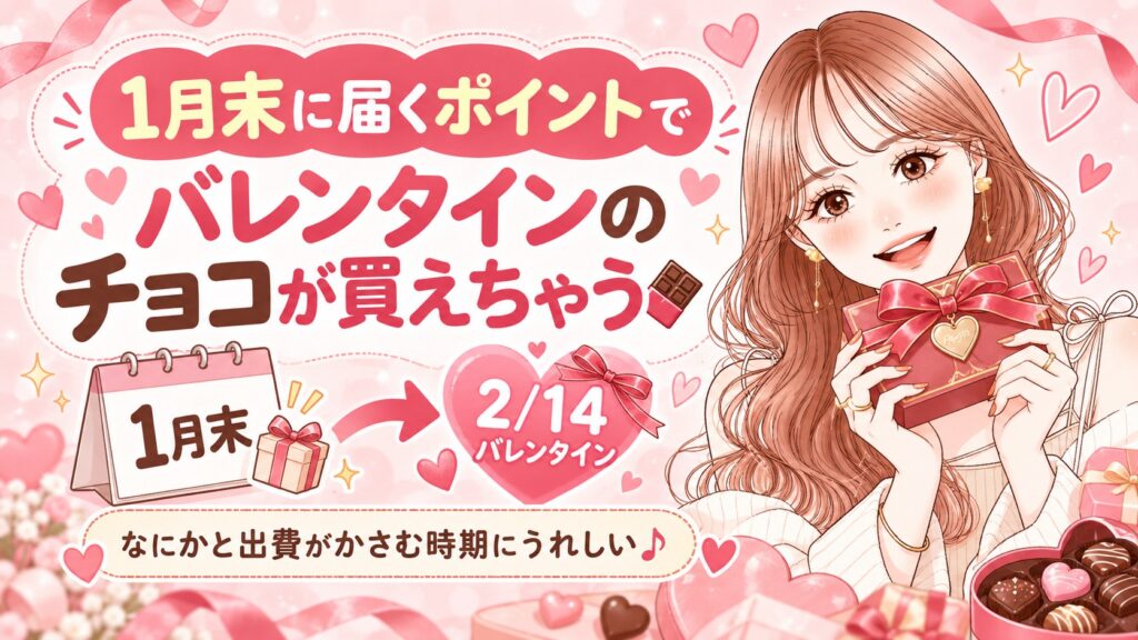 1月末に届くポイントで、バレンタインのチョコが買えちゃう。1月末から2月14日バレンタインへ。なにかと出費がかさむ時期にうれしい。