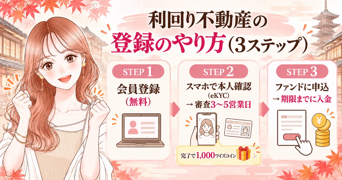 利回り不動産の登録のやり方 STEP1会員登録 STEP2スマホで本人確認(審査3〜5営業日) STEP3ファンドに申込→入金