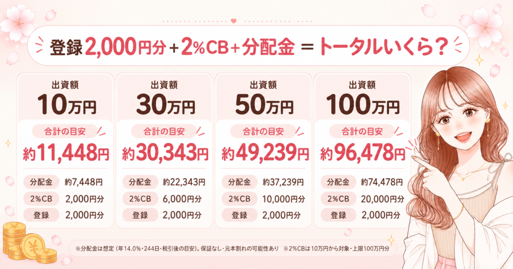 登録2,000円分＋2%キャッシュバック＋分配金＝トータルいくら？ 10万円で約11,448円・30万円で約30,343円・50万円で約49,239円・100万円で約96,478円（分配金は想定・税引後の目安。保証なし・元本割れの可能性あり。2%CBは10万円から対象・上限100万円分）